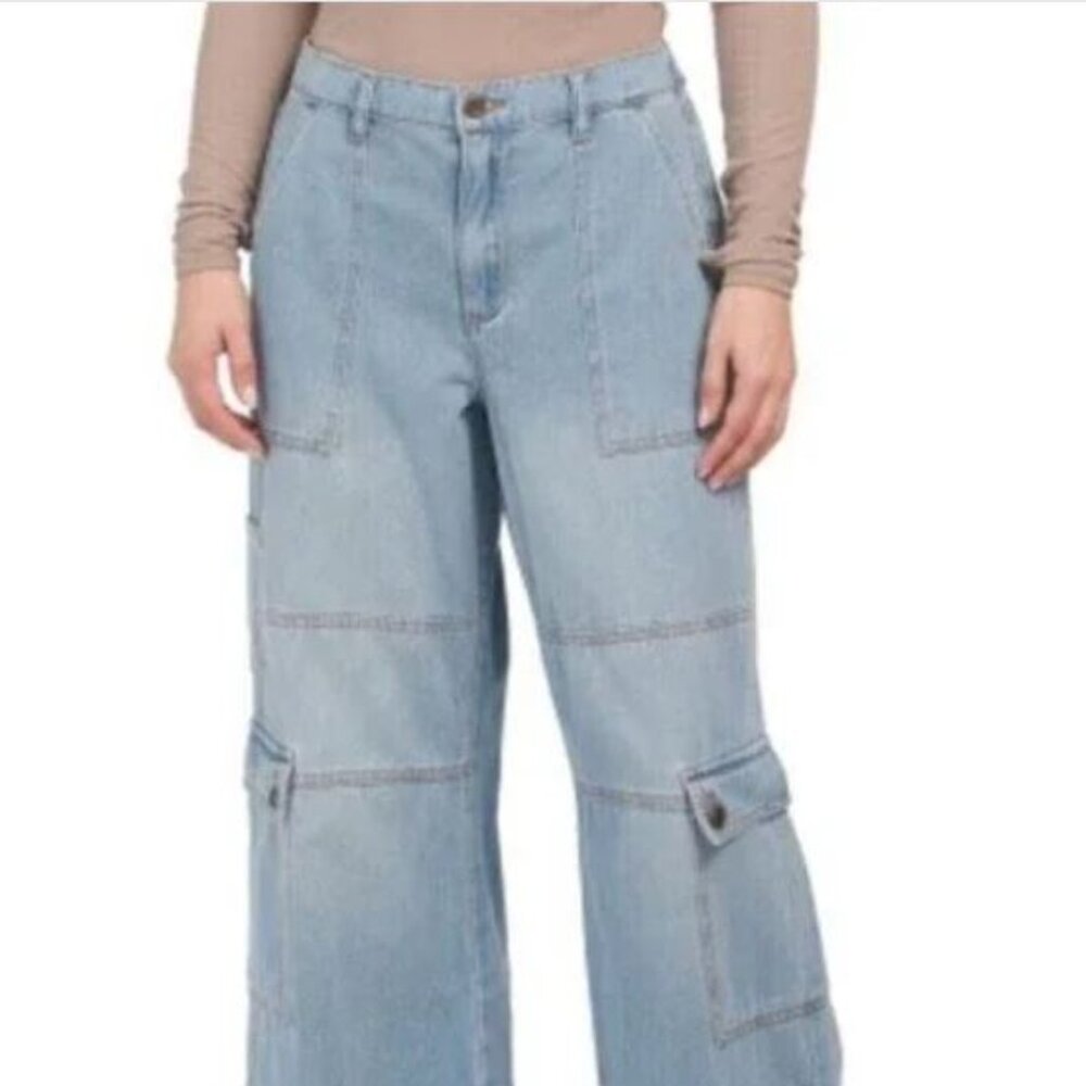 NWOT One 5 One Women's Wide Leg Cargo Jeans High Rise Denim Size S
